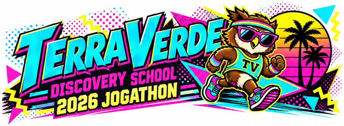 Terra Verde Discovery School 2026 Jogathon banner with a running owl mascot in sunglasses